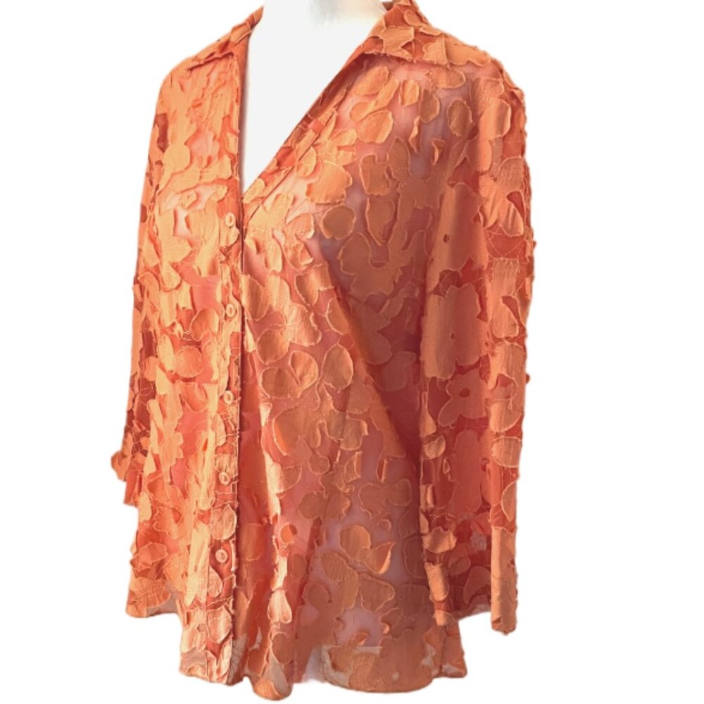 Multiples Tangerine Brocade Button Up Sheer Top 3… - image 4